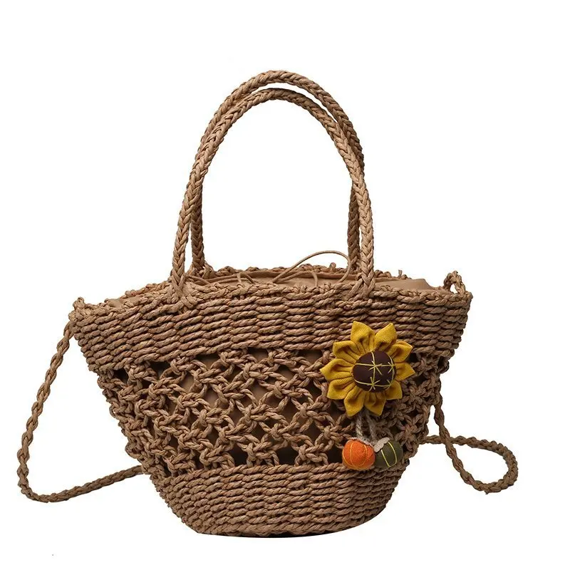 

New deign hand-woven beach bag Hollow out female bag flowers nature paper holiday straw bag, Nature,brown