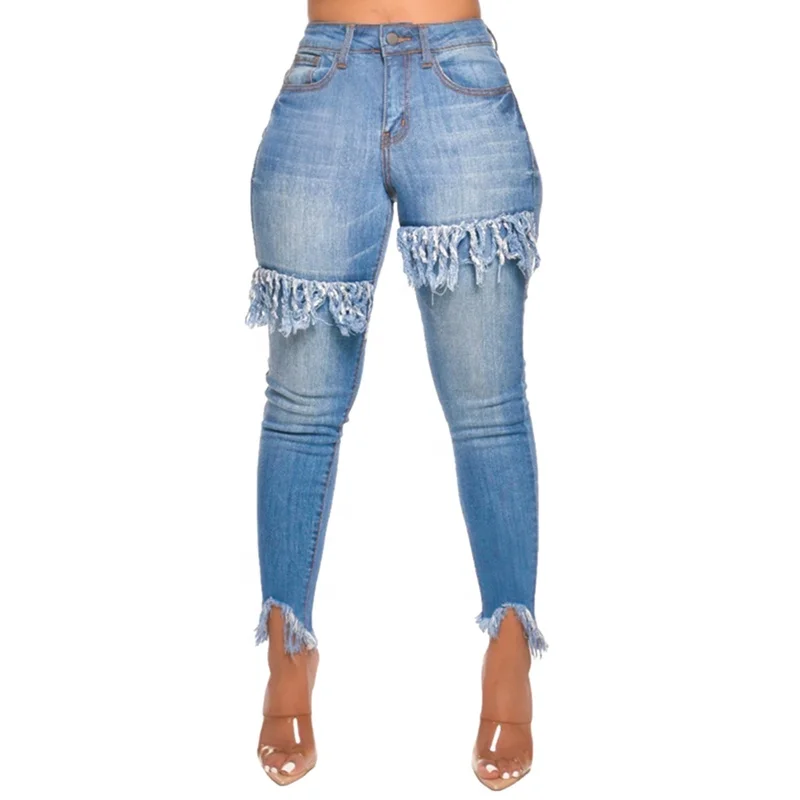 

High Waist Tassel Blue Skinny Jeans Women
