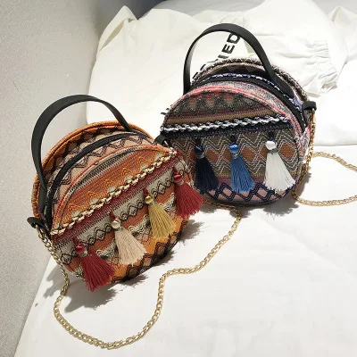 

M223 new style elegant lady tassel chain hand bag bohemian vintage round handbags for women, Yellow,blue
