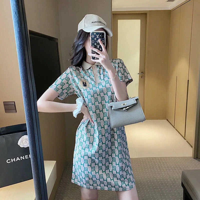 

Casual dress 2021 new summer small fragrance straight skirt knitted ice silk polo collar thin jacquard skirt design sense niche