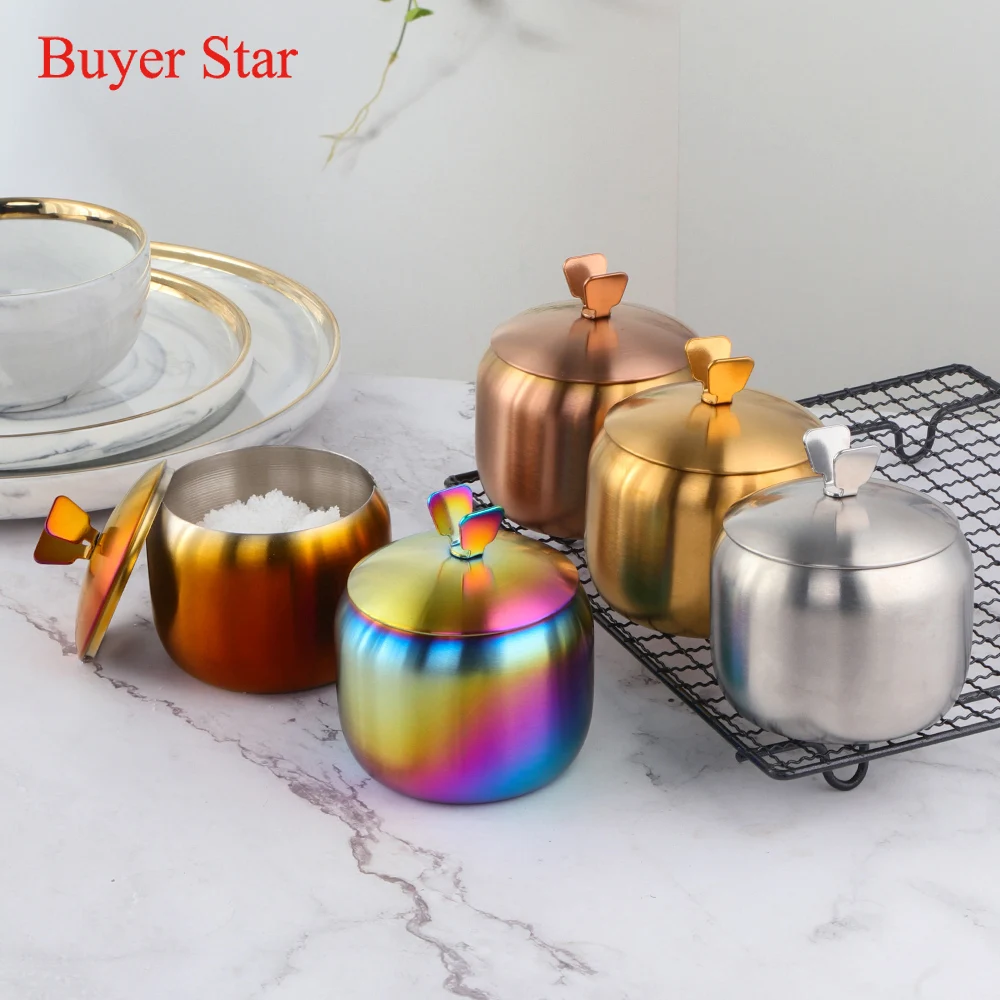 

New Unique Kitchen Stainless Steel Spice Container Salt Sugar Seasoning Jar, Silver/gold/rose gold/rainbow/rainbow no.3