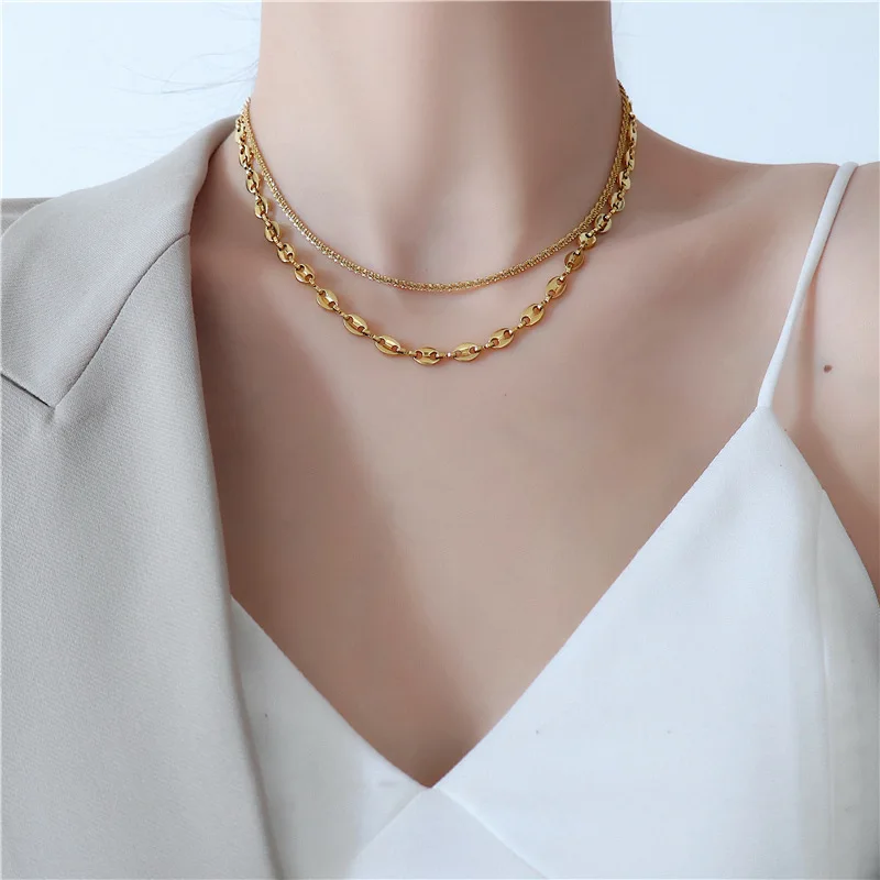 

18K Gold Stainless Steel Coffee Bean Chains Necklaces For Women Men Punk Hip Hop Jewelry Pig Nose Link Chains Choker