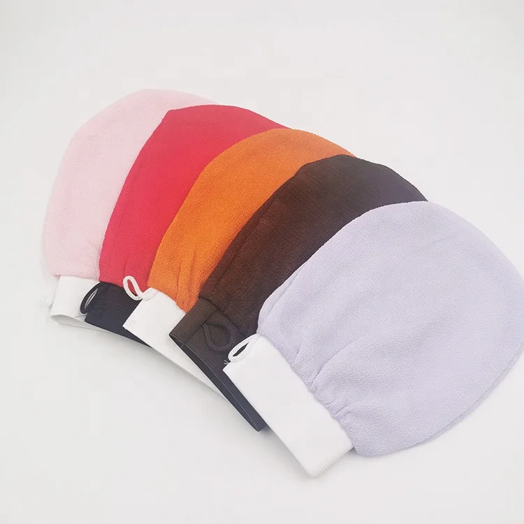 

Wholesale Spa Body Scrub Turkish Bath Glove Exfoliated Mitt Multiple Color Hammam Gloves, Purple, pink, black, brown, orange, rose red