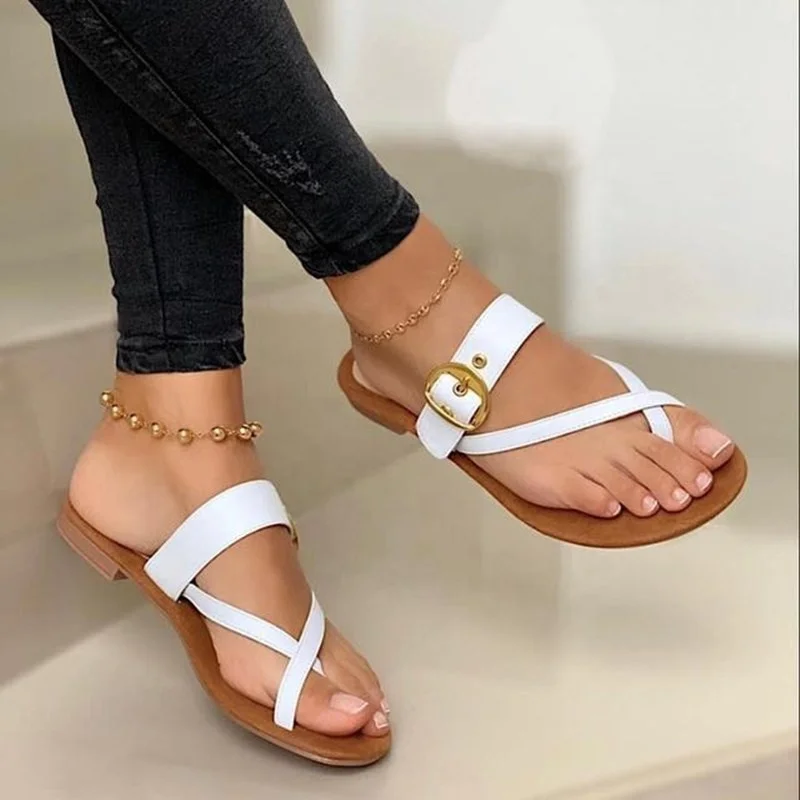 

New Fashion Flat Strap Casual Lady Slippers Summer Women's Open Toe Sandals Footwear, White/black/gold