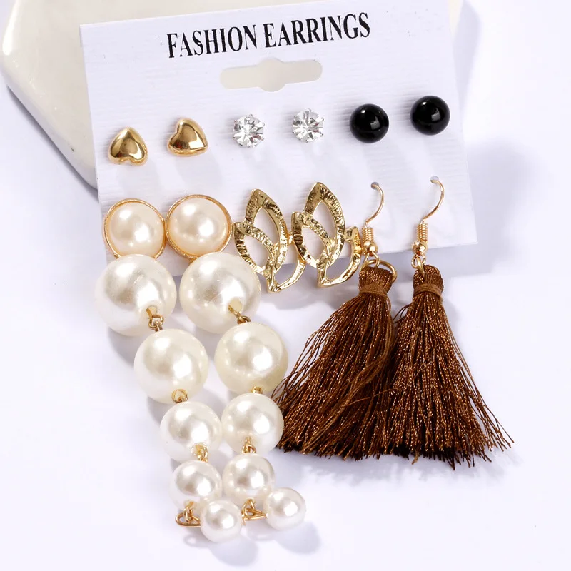 

6pcs/set Hot Sale Geometric Metal Tassel Earrings For Women Bohemian Popular Acrylic Sheet Pearl Women Jewelry Earrings Set, As shown