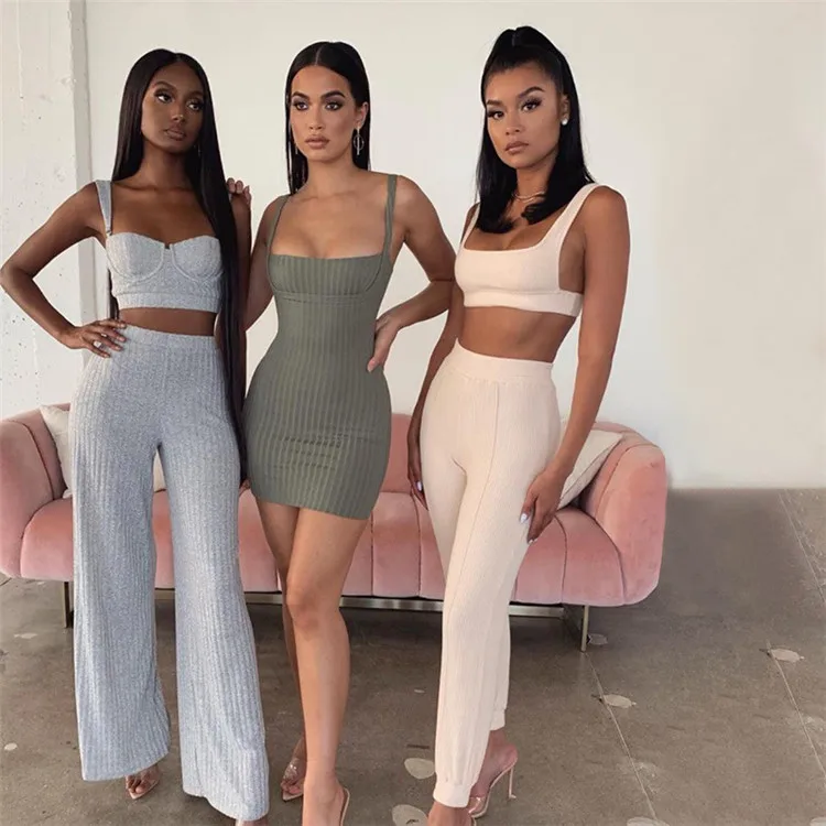 

D96715 Spring clothings for women new arrivals 2021 halter belt slim vest high waist wide leg trousers casual two piec pant set