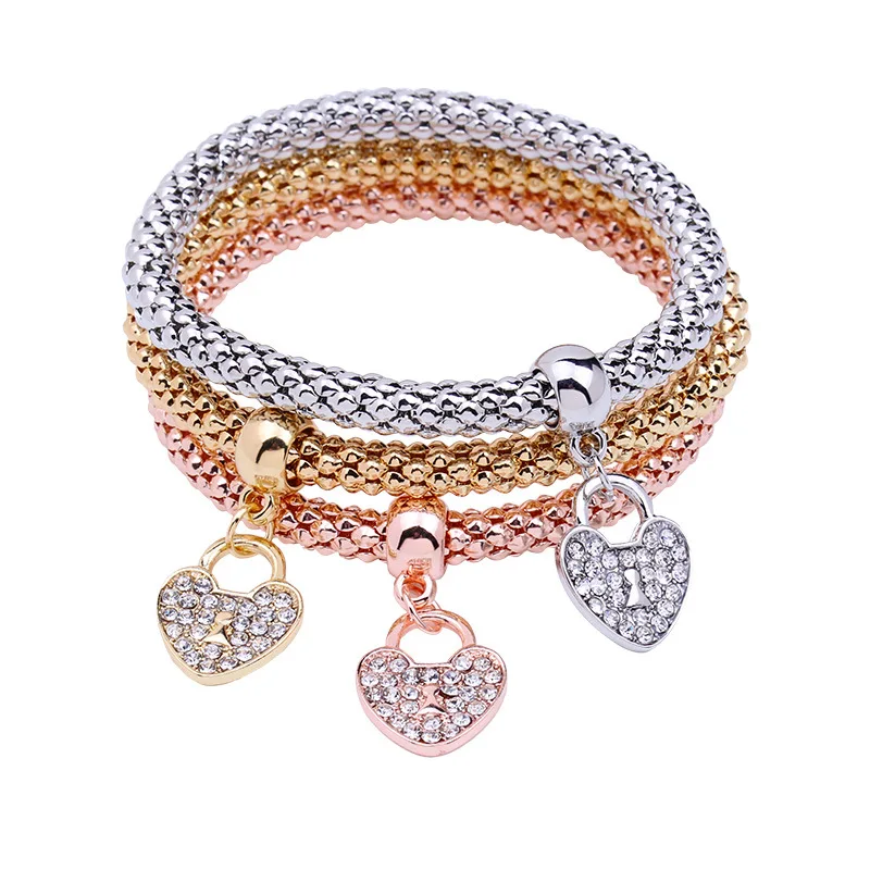 

3pcs set Fashion Rose Gold Elastic PopCorn Chain Crystal Rhinestone Heart Shape Charm Corn Chain Bracelet