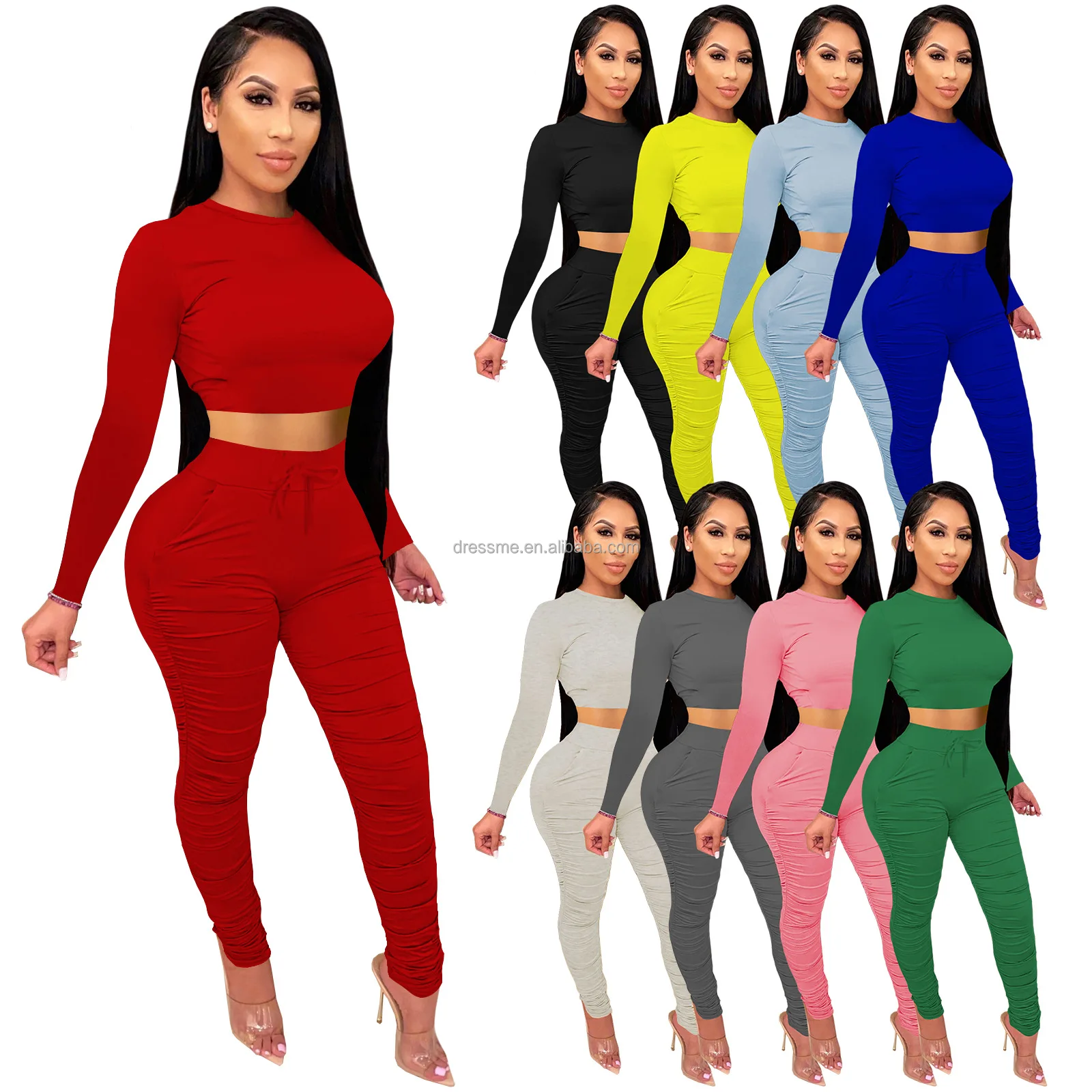

MT61-4335 Fall/Winter 2021 women's clothing solid color pleated cotton long-sleeved track pants suit two piece pants set