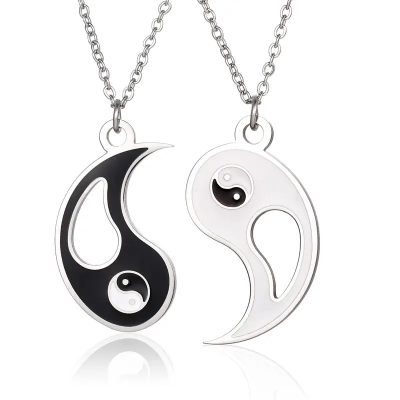 

Classic Stainless Steel Couple Men Women Pendant Puzzle Necklace Black White Yin Yang Couple Necklace