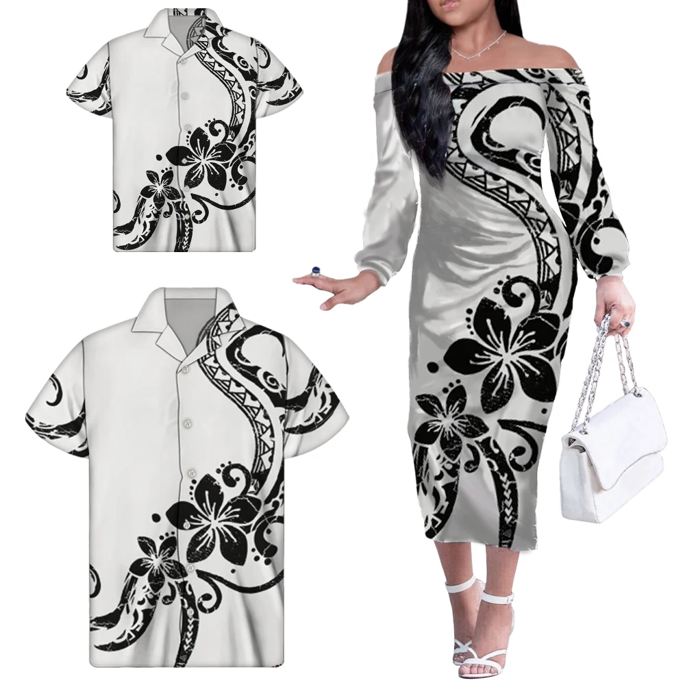 

Custom Family Matching Outfits Black Polynesian Tribal Floral Off Shoulder Dress Matching Men Shirt And Kids Shirt Elegant Dress, Customized color