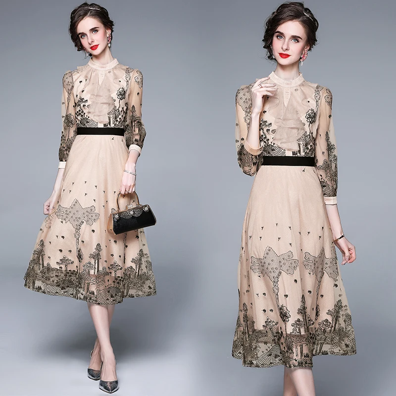 

Frill Ruffle Collar Three Quarter Sleeve A Line Medium Long Gentle Lady Embroidery Dress