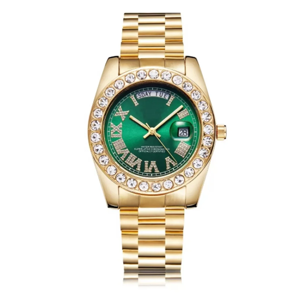 

Classic Stainless Steel Gold Band Custom Logo Hot Selling Diamond Quartz Watch