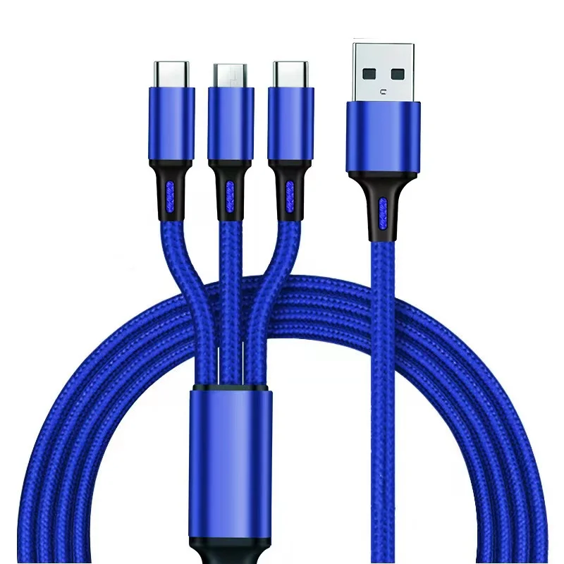 

3 in 1 nylon braided usb charger cable micro usb 8pin type C fast charging data cable for mobile phone