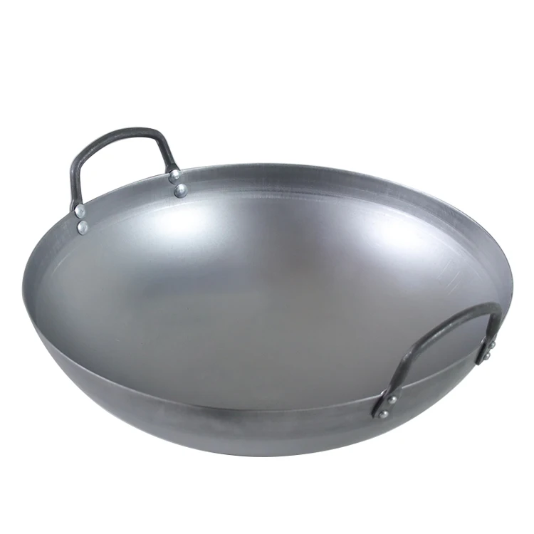 

Hight Quality Chinese Double Handle Wok Professional Chinese Cookware Round Wok Pan Carbon Steel Large Woks Cheap, Silver, blue