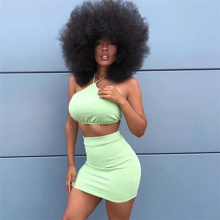 

Halter Two Piece Set Women Clothing Party Two Piece Skirt Set Solid Color Summer Outfit Women Sexy, Green