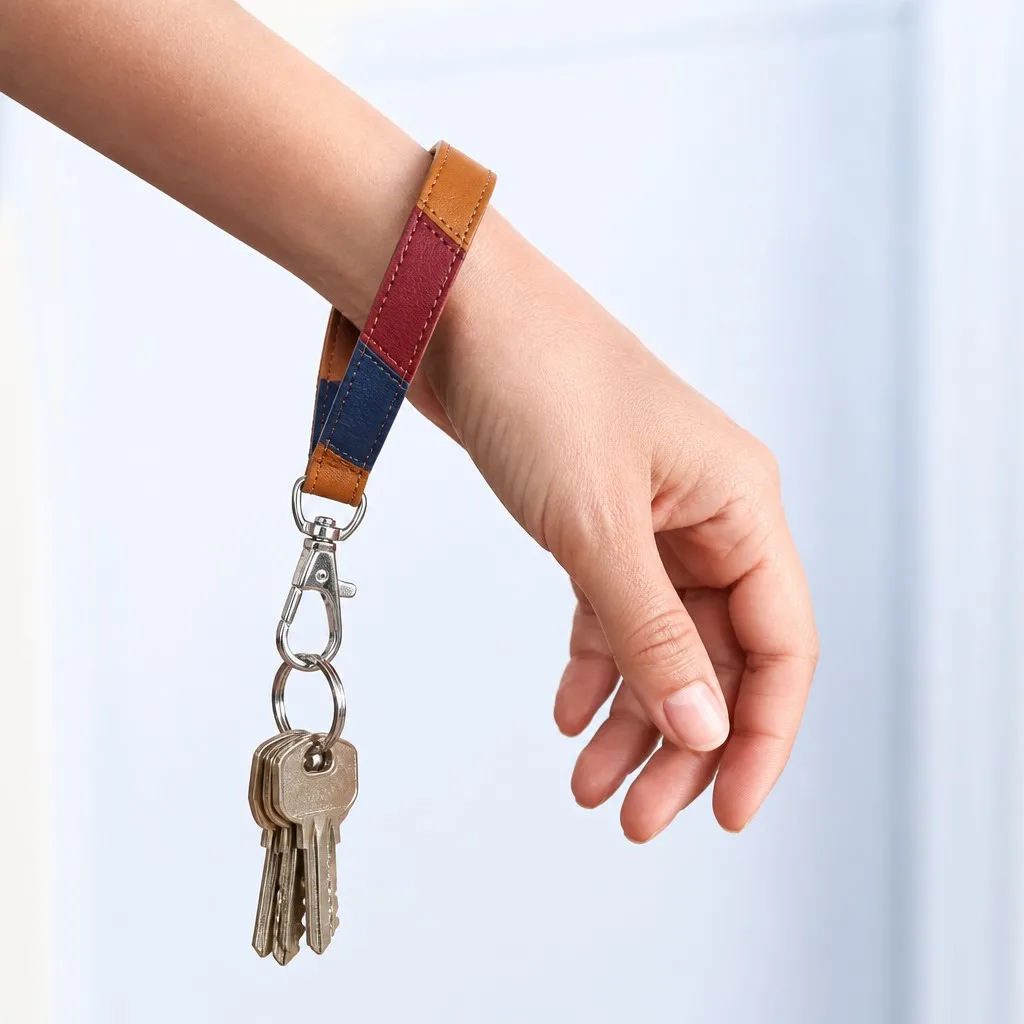 Leather wristlet keychain worn on wrist with a full key set
