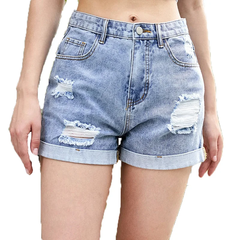 

Custom Organic Fabric Fashion Women's Floral Embroidery Light Wash Cuffed Ripped Design Denim Shorts, Picture color,customize