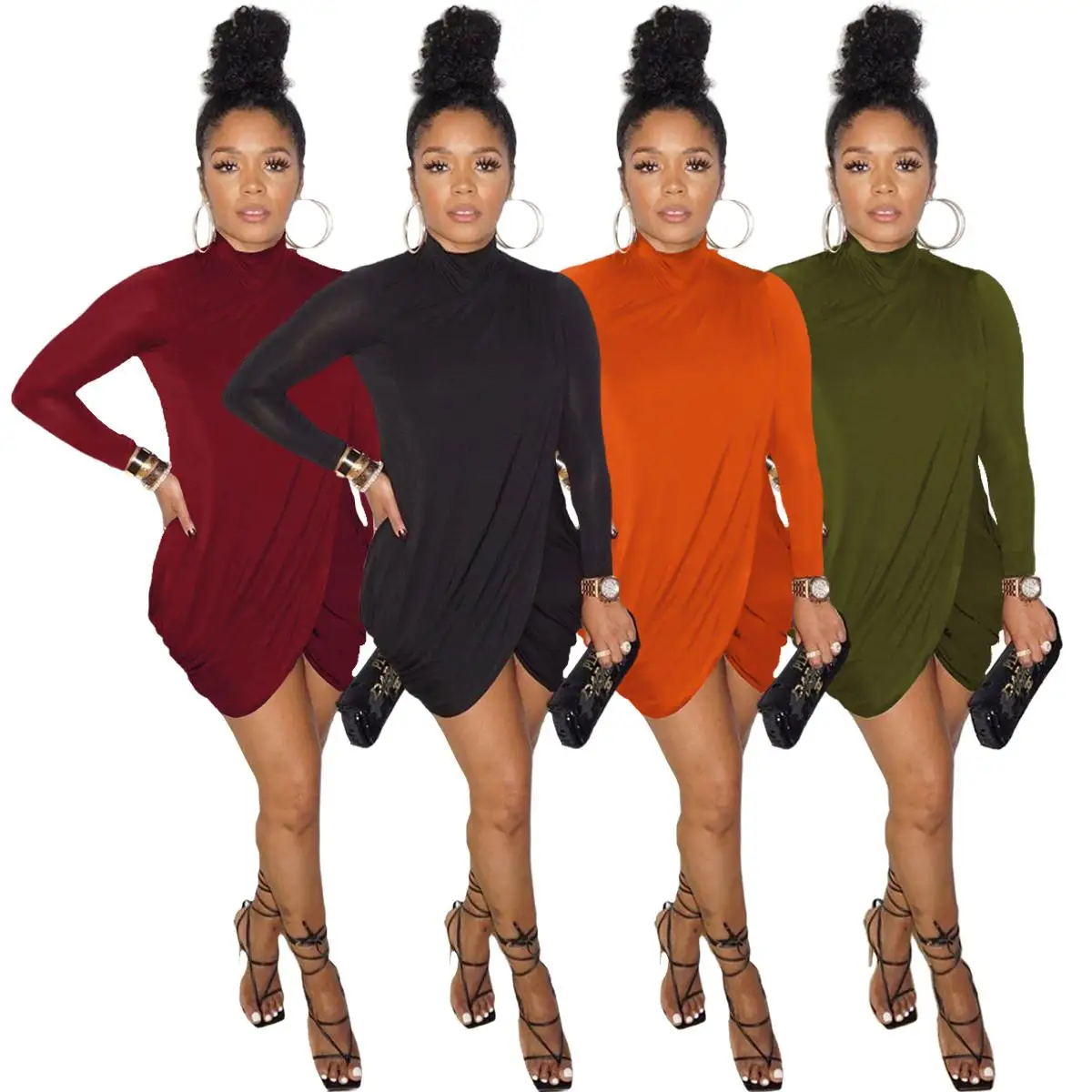 

Sexy solid color cross slit high neck dress vestidos-cortos-sexys vestido mujer