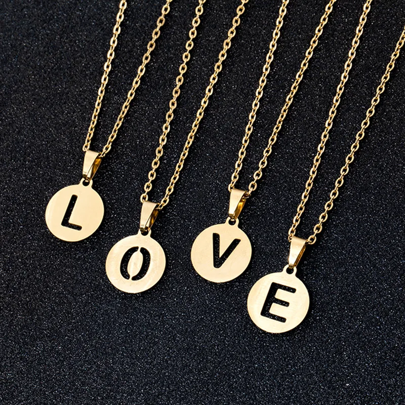 

Fashion Real Gold Plating Stainless Steel Name Letter Coin Pendant Necklace Hollow Initial Alphabet Letter Pendant Necklace, Picture color