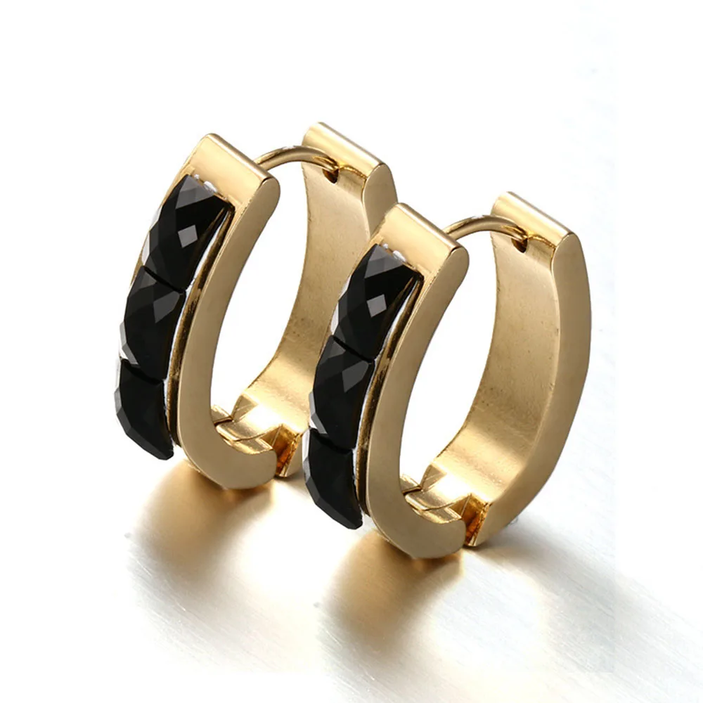 

ERJSF00214 Popular Design Mens 18k Gold Plated Black Nano Inlay Stainless Steel Huggie Earrings for Women