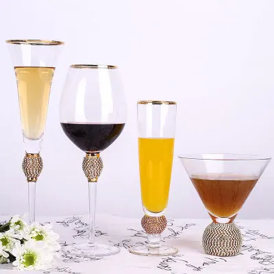 

Crystal Wedding Gold Rim Ball Stem DIAMOND Studded Toast Wine Glass Champagne Flutes Drinking Glasses Set