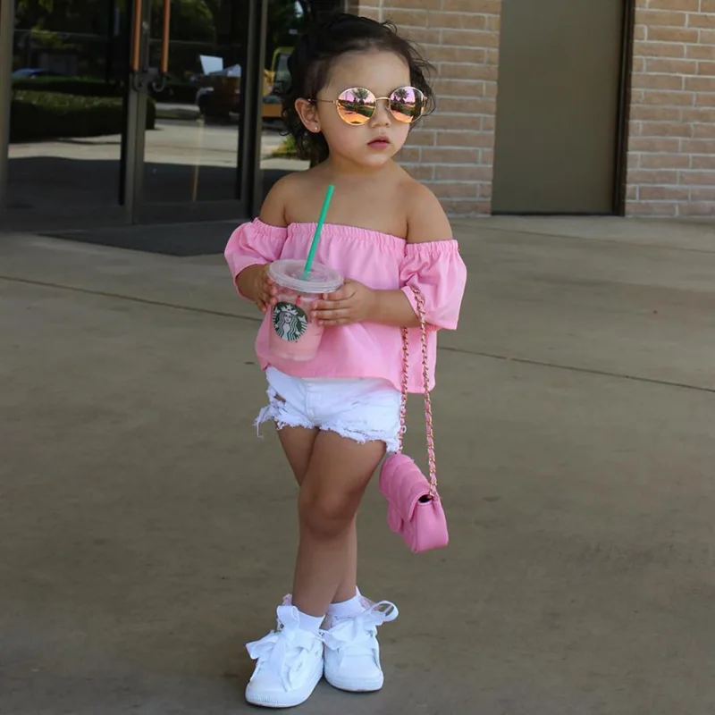 

Kids Clothing Baby Girls' Clothes Sets Summer Girls denim short pink word shoulder coat + white s Children's Clothing set