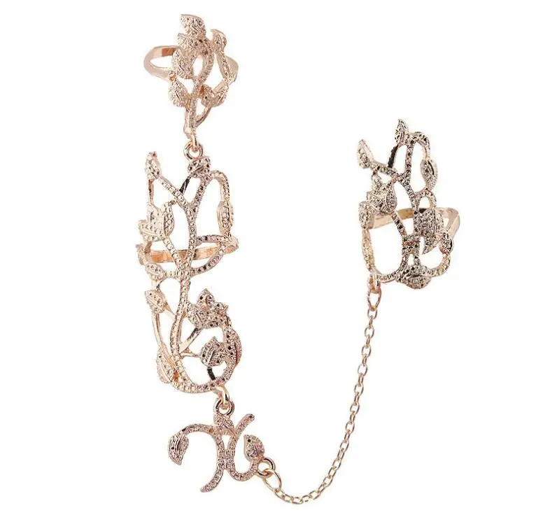 

women Gold chain nail simple hollow leaves long flower full finger Rings for woman gift