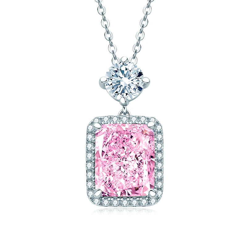 

925 Sterling Silver Halo 9x11mm Shiny Perfect Radiant Cut Created Pink Gemstone Pendant Necklace for Women Jewelry Gift