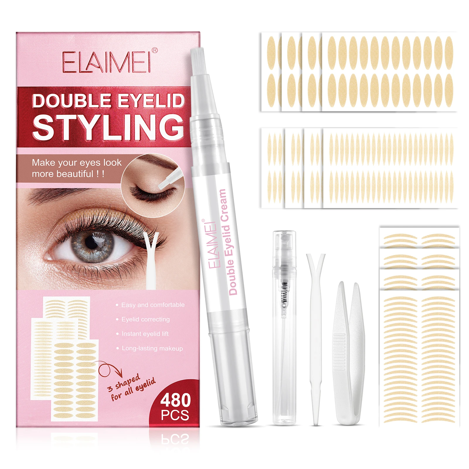 

ELAIMEI 480 Pcs 3 Different Size Smooth Natural Long Lasting Waterproof Invisible Double Eyelid Tape Sticker