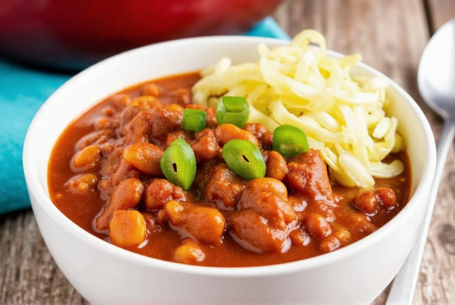 Bowl of chili topped with cheese, avocado, and sour cream