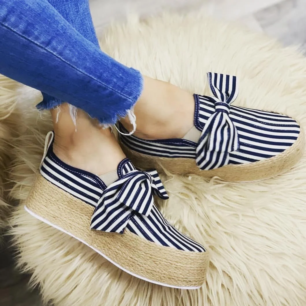 

Women Fashion Bowtie Slip-on Flats Round Toe Lady Office Work Dating Shoes Concise Daily Casual Thick Sole Shoes, Black,white,yellow,red,gold,stripe