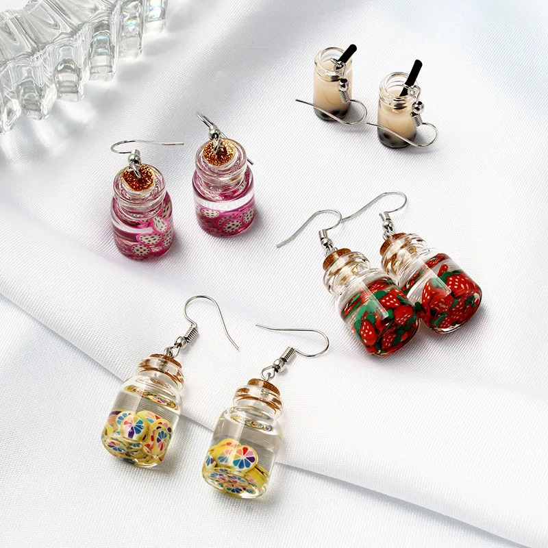 

2021 Simulation interesting fruit cup beverage bottle earrings lovely original sufeng small fresh summer earrings drop for women, As picture show