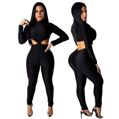 

B34371A 2019 Autumn Sexy cut out Slim fit bodycon bandage Jumpsuit