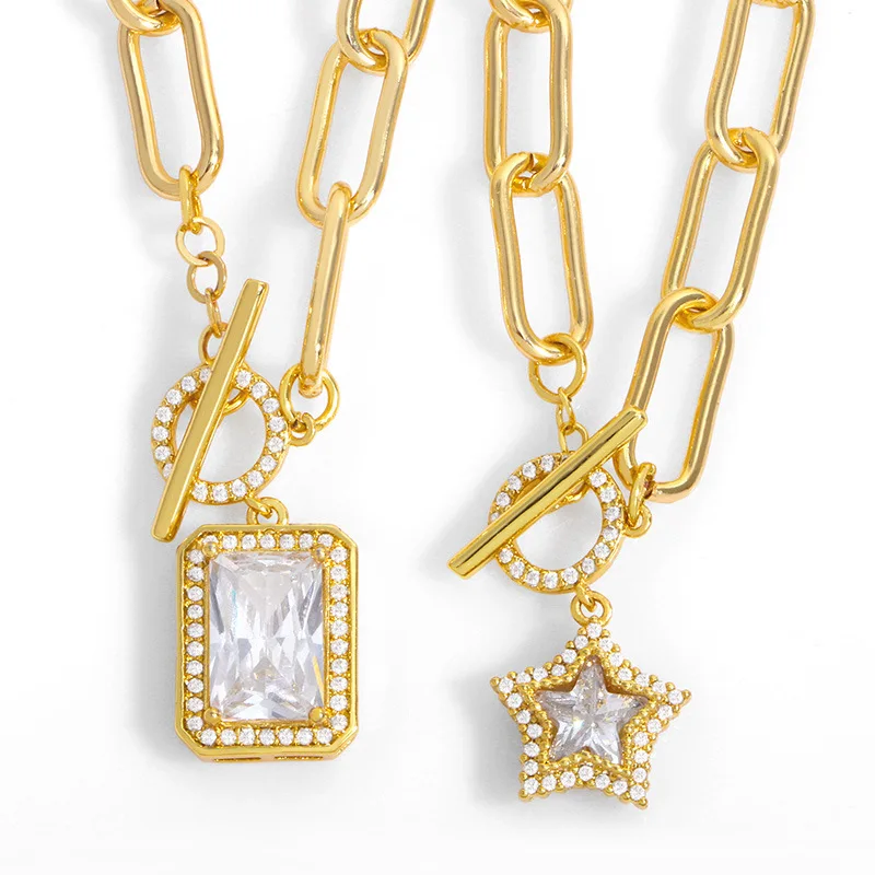 

Hot Sale Trendy Micro CZ Pave Diamond 18K Gold Plated Brass Star Heart Fashion Charm Chain Women Necklace
