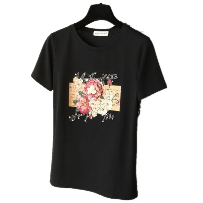 

Pearl Appliques 3D Beading Women T Shirts Cotton O Neck Short Sleeve Female Casual Shirt 2020 Summer Fashion Ladies Tops Clothes