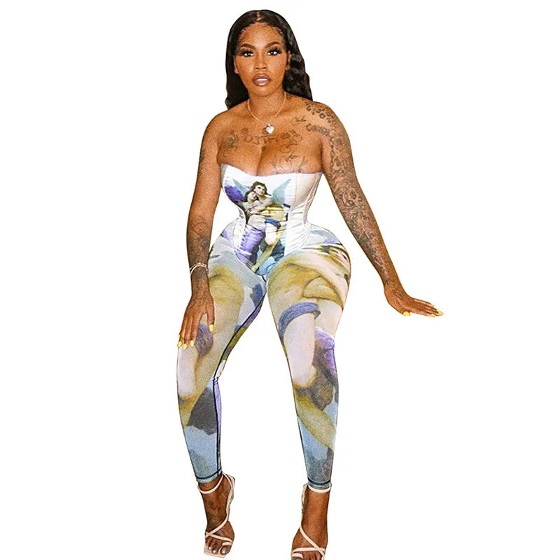 

women skinny sleeveless strapless jumpsuits stretchy activewear sporty pattern print overalls workout casual streetwear