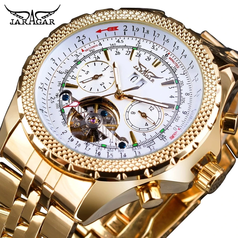 

Jaragar Top Brand Luxury Golden Stainless Steel Tourbillion Design Calendar Display Men Watches Automatic Mechanical Wristwatch, 5-colors