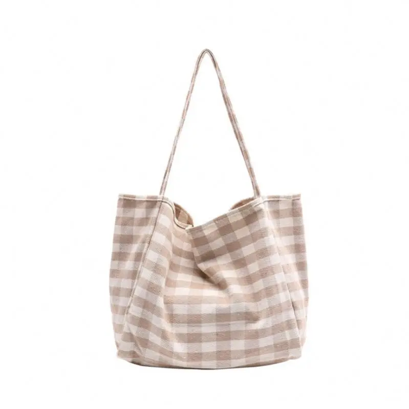 

New fashion and large capacity Simple style grid canvas handbag, As picture showed / customized