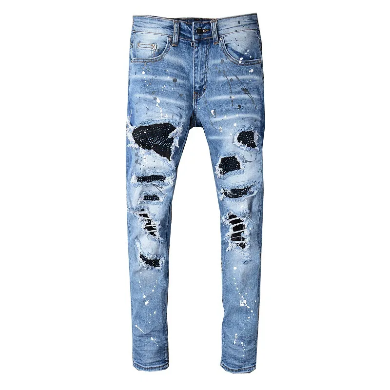 

2021 New Style Fashion Justin Bieber Men's Distressed Destroyed Pants Art Patches Skinny Slim Trousers Plus Size Men's Jeans