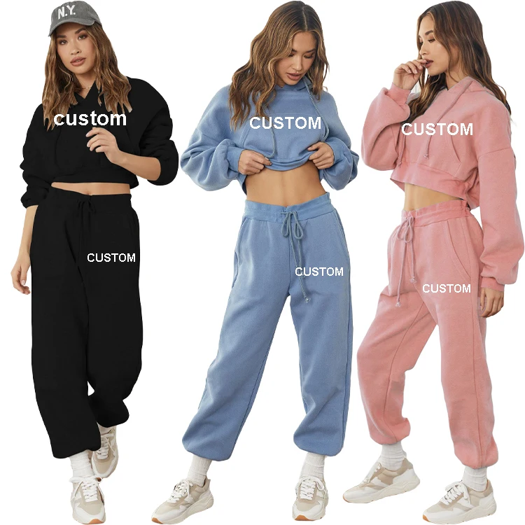 

Autumn Women's Drop Shoulder 2 Piece Set Casual Printed Blank Hoodies Sports Suit Custom Logo Sweatsuits Tracksuit