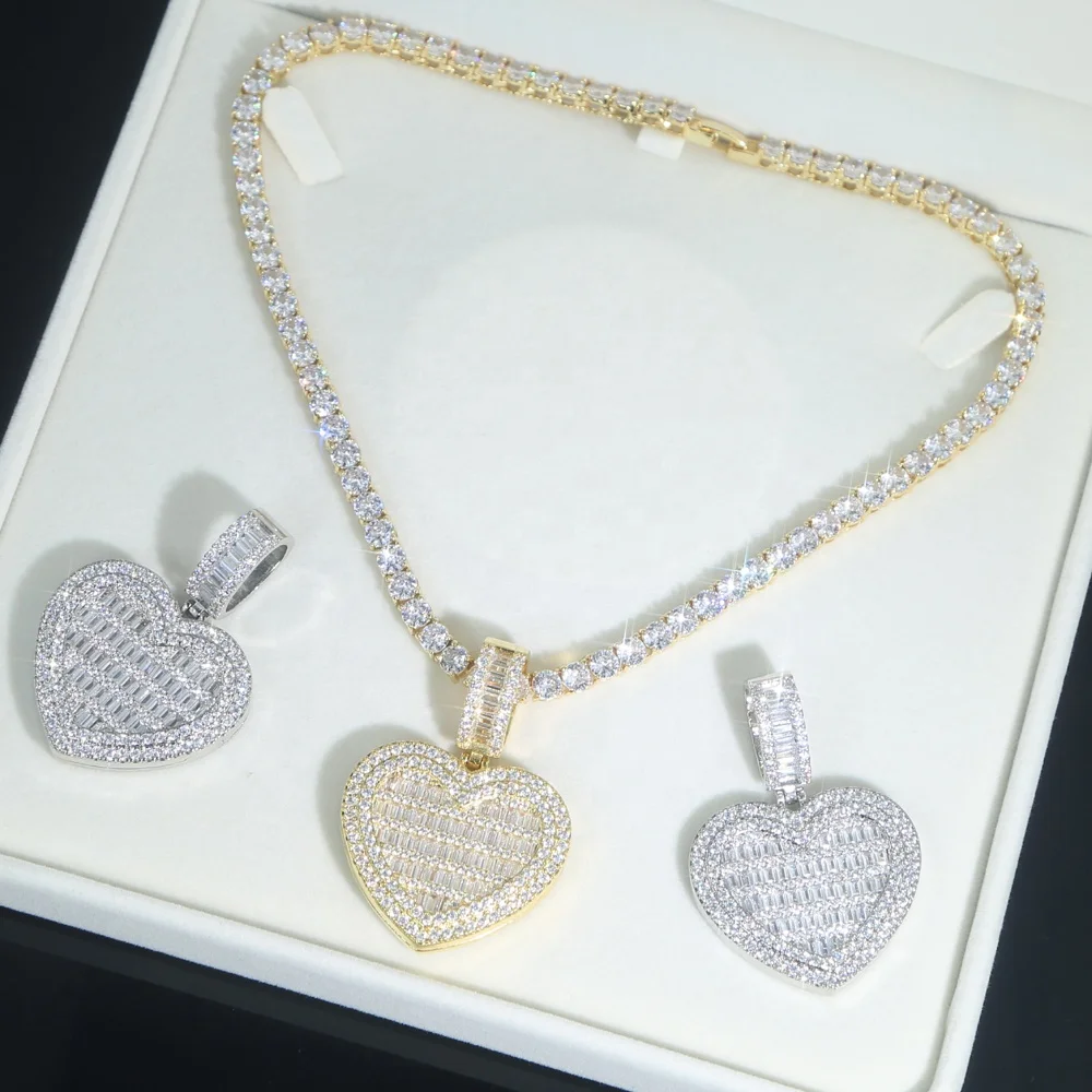 

New arrived 40mm Big Solid heart Charm Pendant Necklace with 5mm cz tennis chain choker necklace for women men hip hop jewelry, As pic