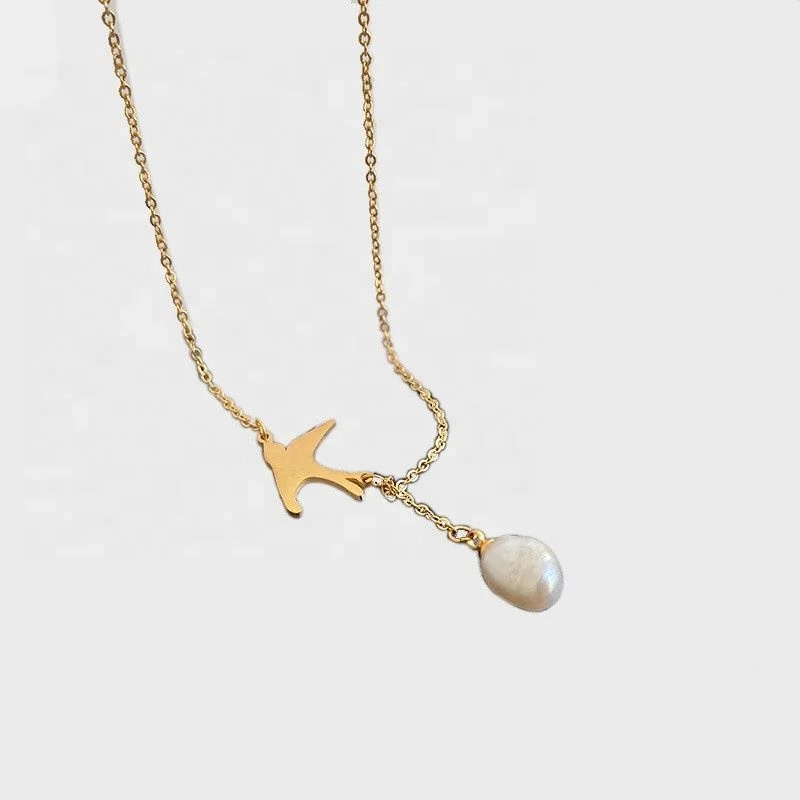 

water proof Gold Finish Swallow Pearl Pendant Necklace Dainty Necklace Stainless Steel Party Jewelry