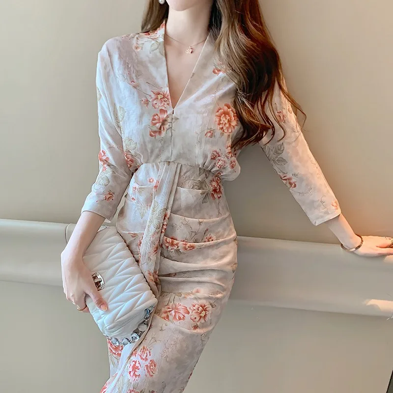 

ZYHT Spring Autumn Hot Style Women's Elegant Vintage Ladies Casual Dresses Vestidos Fall Ropa Mujer Flower Chiffon Dress Woman