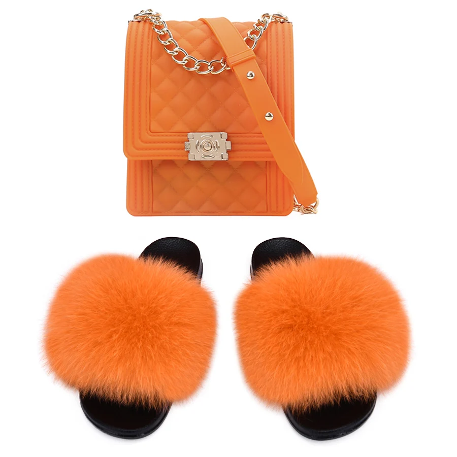 

Hot sale mini Purses slipper shoes women Designer fox fur slides and Jelly Purse Set, As the picture shown