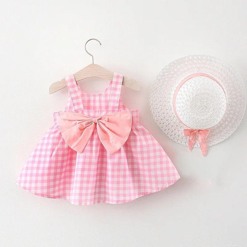 

Wholesale 2021 Summer Childrens Girl Korean Plaid Skirt Bowknot Sleeveless Suspender Princess Dress With Hat