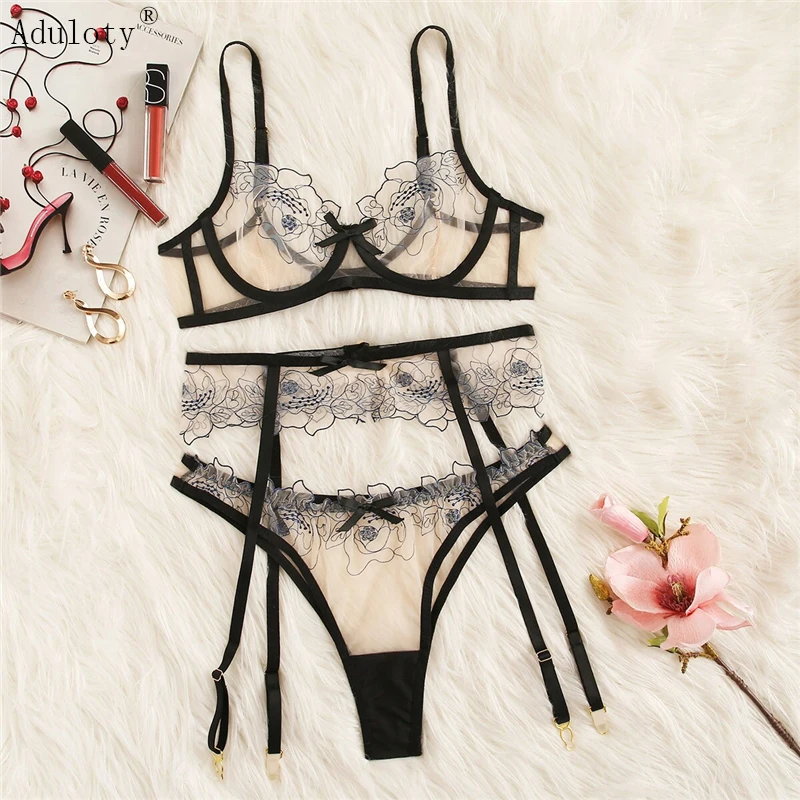 

Floral lace garter sexy lingerie set underwire allure bra set see through thongs Embroidery ultra-thin mesh underwear sets