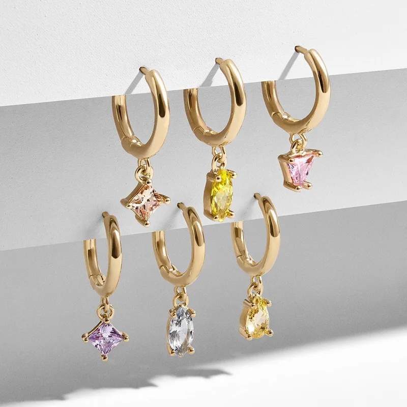 

JUHU new copper ear hook glass crystal earrings geometric triangle square star earrings 6 sets of jewelry, Colorful