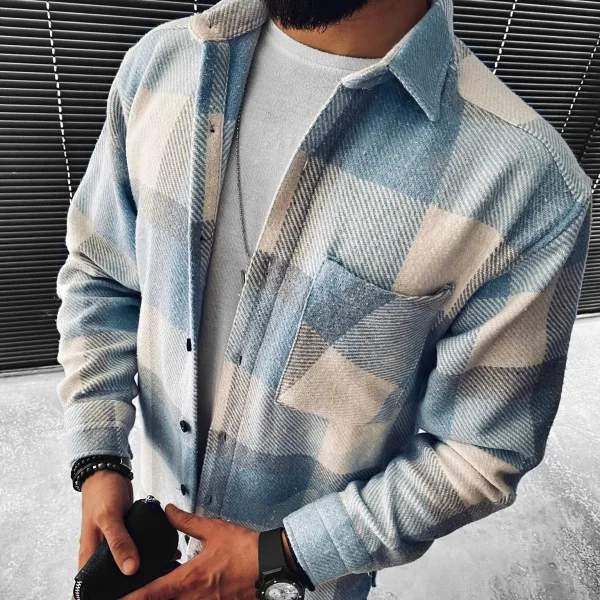 

Long-sleeved blue and white check shirt casual shirt men
