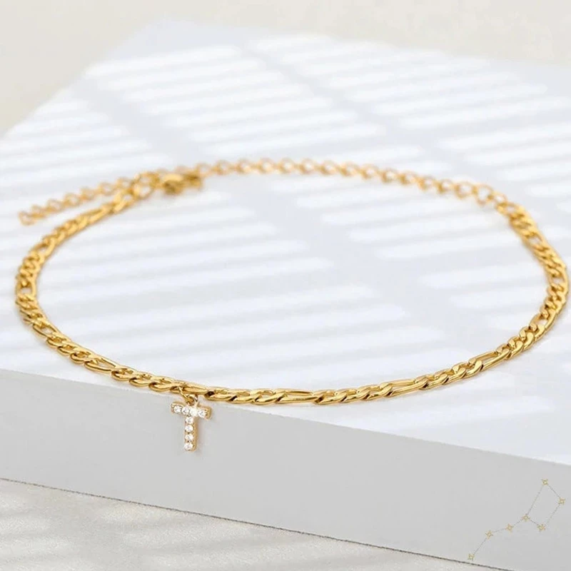 

Hot Fashion Women Anklets Bracelet Cubic Zirconia Stainless Steel Gold Initial Letter Anklet For Women Men Jewelry Gift, Show in the picture