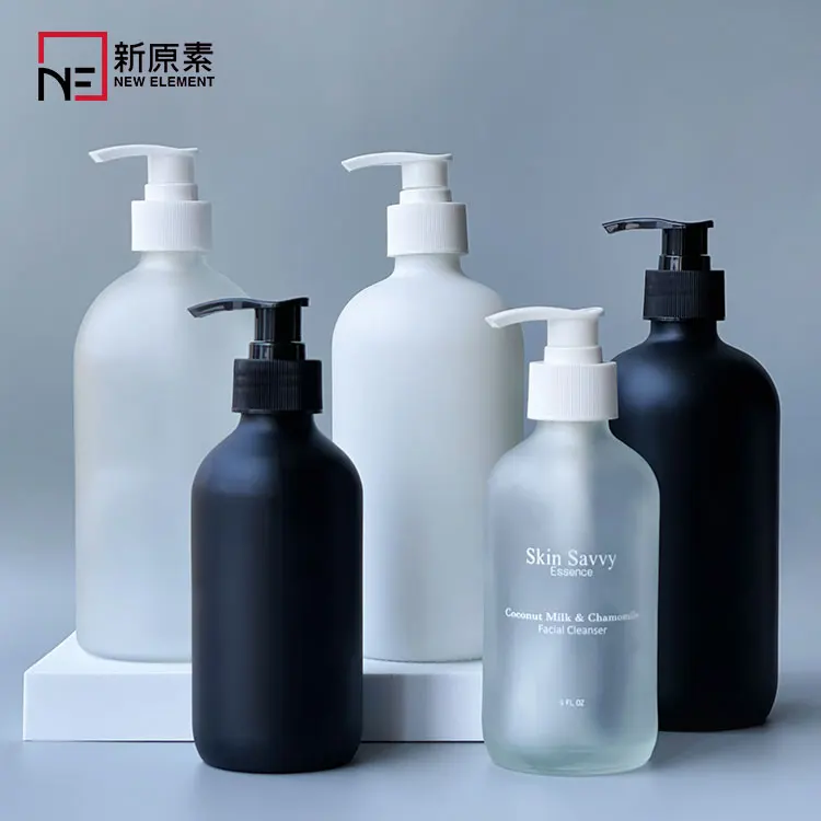 

New Element 250ml 500ml frosted black and white shampoo glass lotion bottles with pump for cosmetics packaging containers